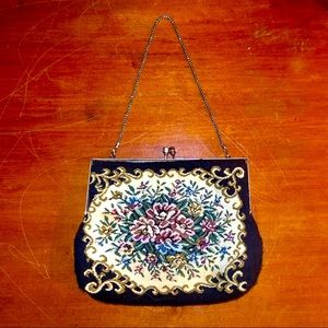 vintage black and cream floral needlepoint clutch